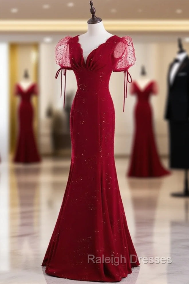 Burgundy Mermaid V-neck Puff Sleeve Prom Dress