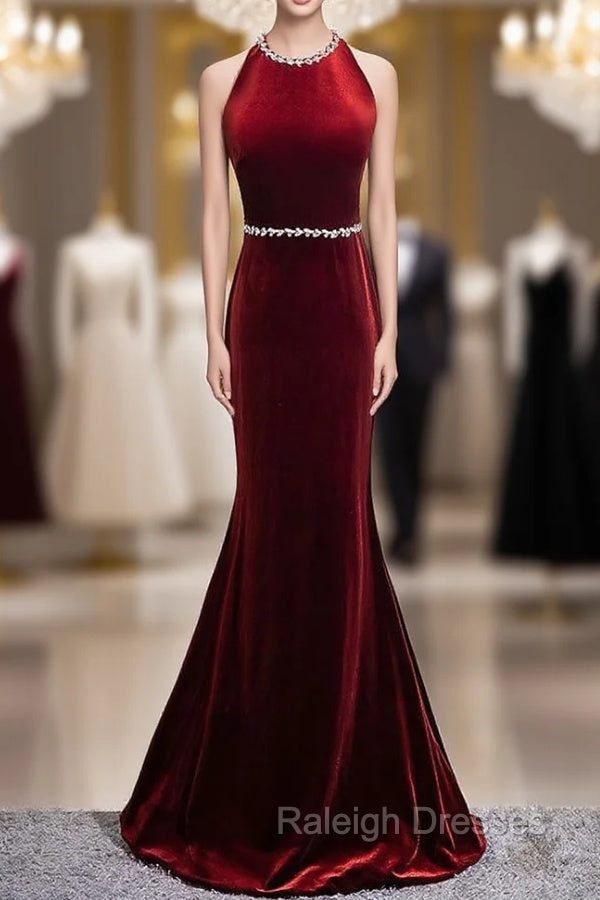 Burgundy Mermaid Velvet Backless Prom Dress
