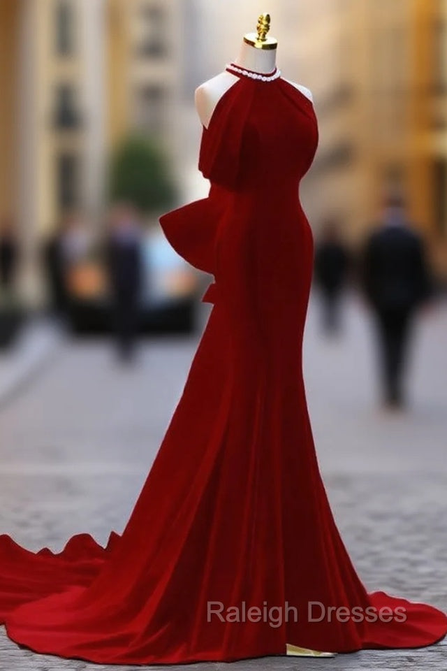 Burgundy Mermaid Velvet Halter Bow Prom Dress Main image