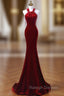 Burgundy Mermaid Velvet Halter Pearls Prom Dress