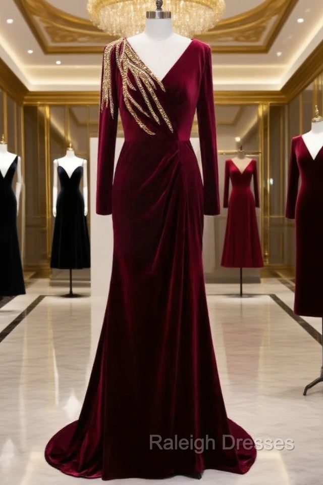 Burgundy Mermaid Velvet Long Sleeve Beading Prom Dress