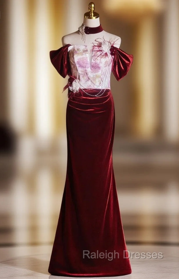 Burgundy Mermaid Velvet Off the Shoulder Pleats Flower Prom Dress