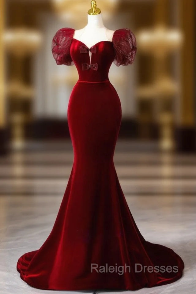 Burgundy Mermaid Velvet Puff Sleeve Bow Prom Dress Main image