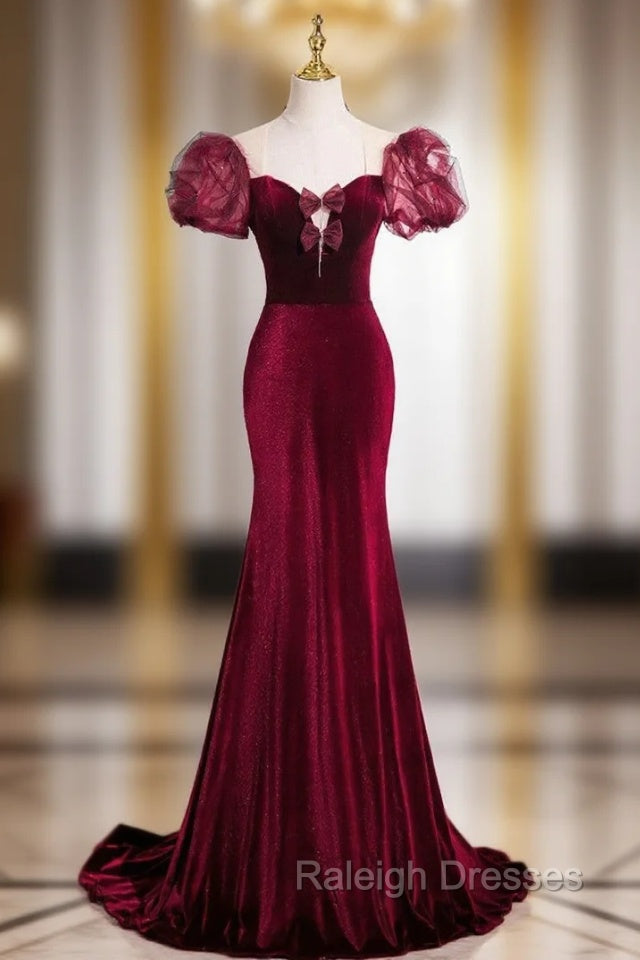 Burgundy Mermaid Velvet Puff Sleeve Prom Dress Main image