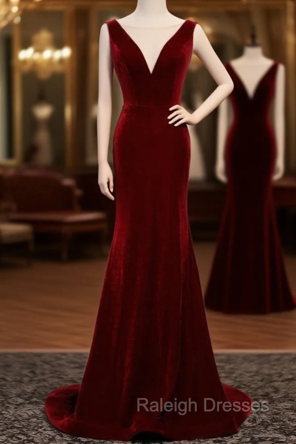 Burgundy Mermaid Velvet See Through V-neck Prom Dress Main image