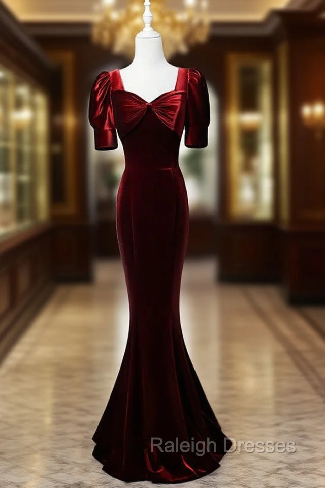 Burgundy Mermaid Velvet Short Sleeve Bow Prom Dress