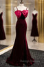 Burgundy Mermaid Velvet Spaghetti Straps Prom Dress With Bow