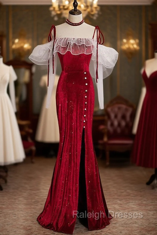 Burgundy Mermaid Velvet Spaghetti Straps Prom Dress With Split Main image