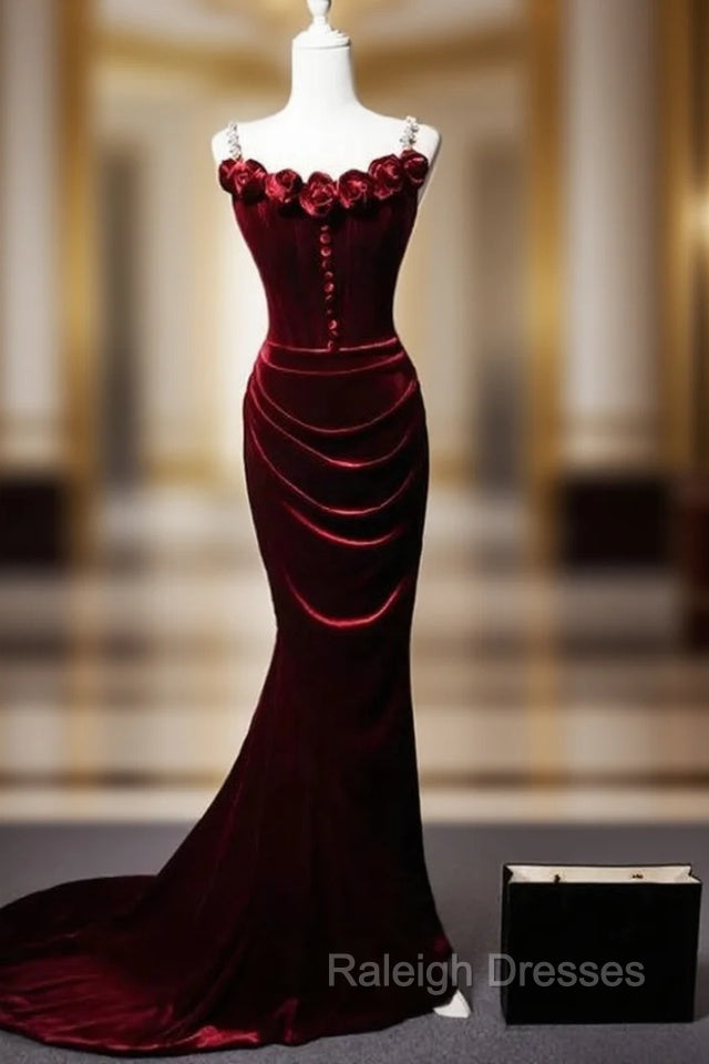 Burgundy Mermaid Velvet Straps Flwoer Prom Dress