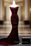 Burgundy Mermaid Velvet Straps Flwoer Prom Dress