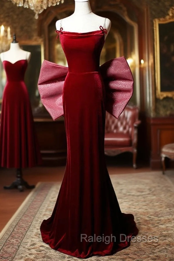 Burgundy Mermaid Velvet Straps Prom Dress With Bow