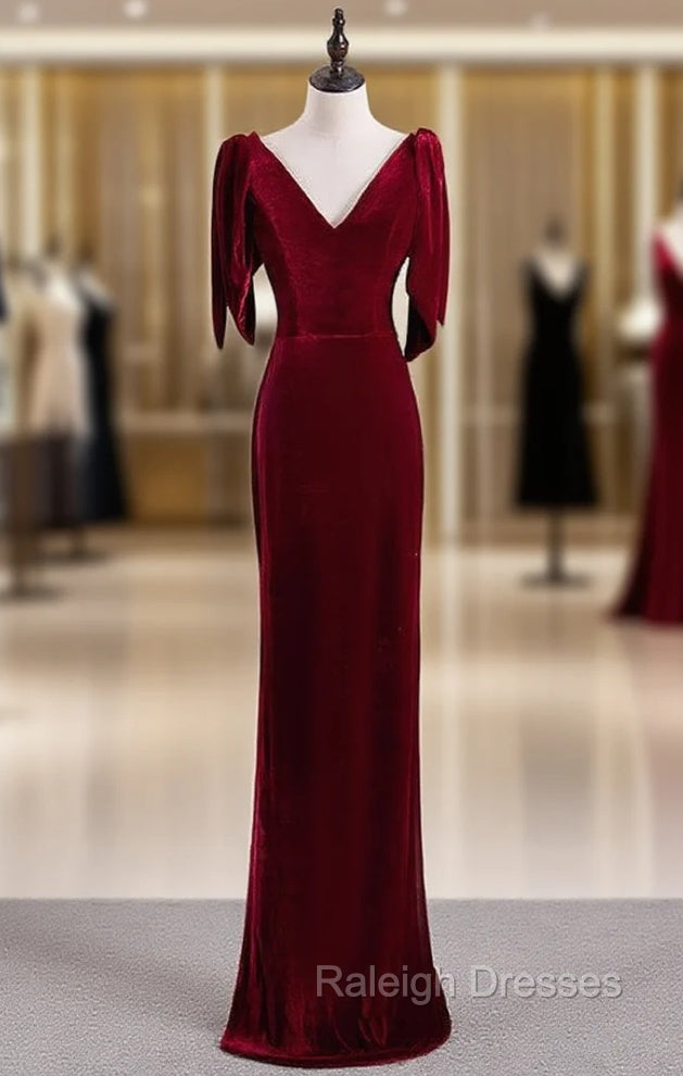Burgundy Mermaid Velvet V Neck Prom Dress