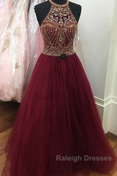 Burgundy O Neck Sequin Beads Tulle Prom Dress, Burgundy Evening Dress Secondary image