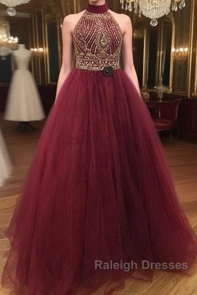 Burgundy O Neck Sequin Beads Tulle Prom Dress, Burgundy Evening Dress Main image