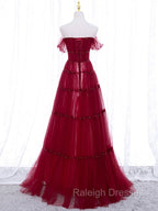 Burgundy Off Shoulder Long Prom Dress, Burgundy Formal Dress with Beading Sequin