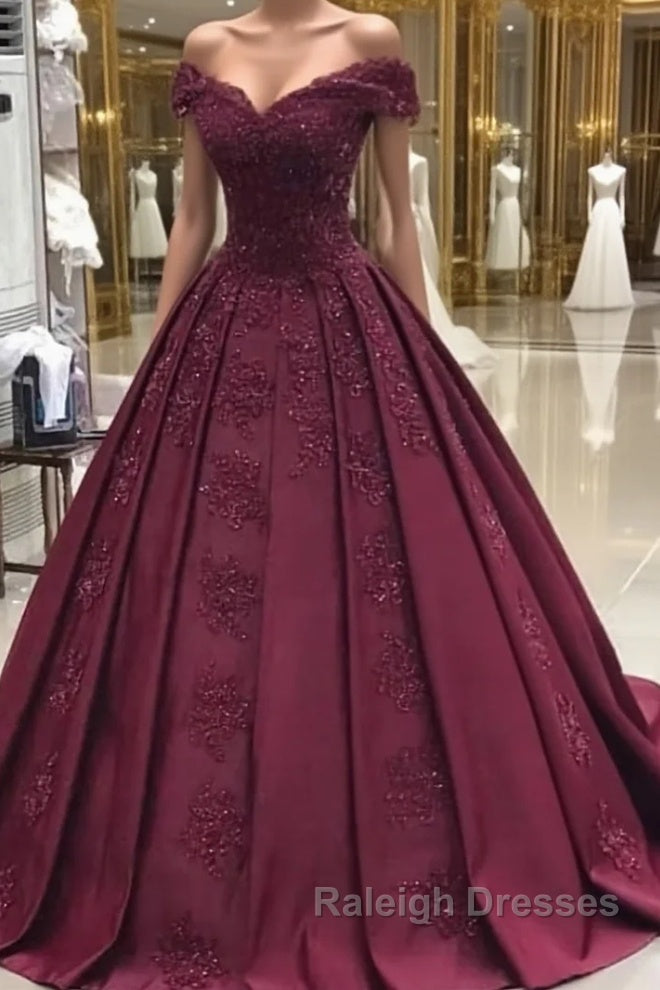 Burgundy off shoulder satin lace long prom dress, burgundy evening dress Main image