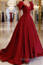 Burgundy off shoulder satin long prom dress, burgundy evening dress