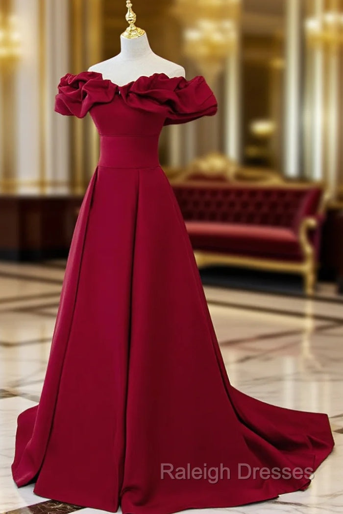 Burgundy Off Shoulder Satin Long Prom Dress, Burgundy Formal Evening Dress