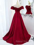Burgundy Off Shoulder Satin Long Prom Dress, Burgundy Formal Evening Dress