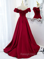 Burgundy Off Shoulder Satin Long Prom Dresses Burgundy Prom Dresses