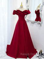 Burgundy Off Shoulder Satin Long Prom Dress, Burgundy Formal Evening Dress