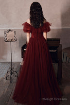 Burgundy Off Shoulder Scoop Long Formal Dress, Burgundy A-Line Evening Dress