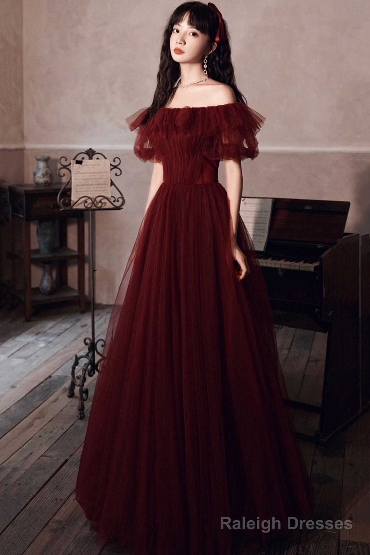 Burgundy Off Shoulder Scoop Long Formal Dress, Burgundy A-Line Evening Dress