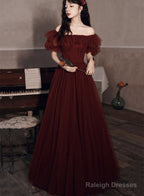 Burgundy Off Shoulder Scoop Long Formal Dress, Burgundy A-Line Evening Dress
