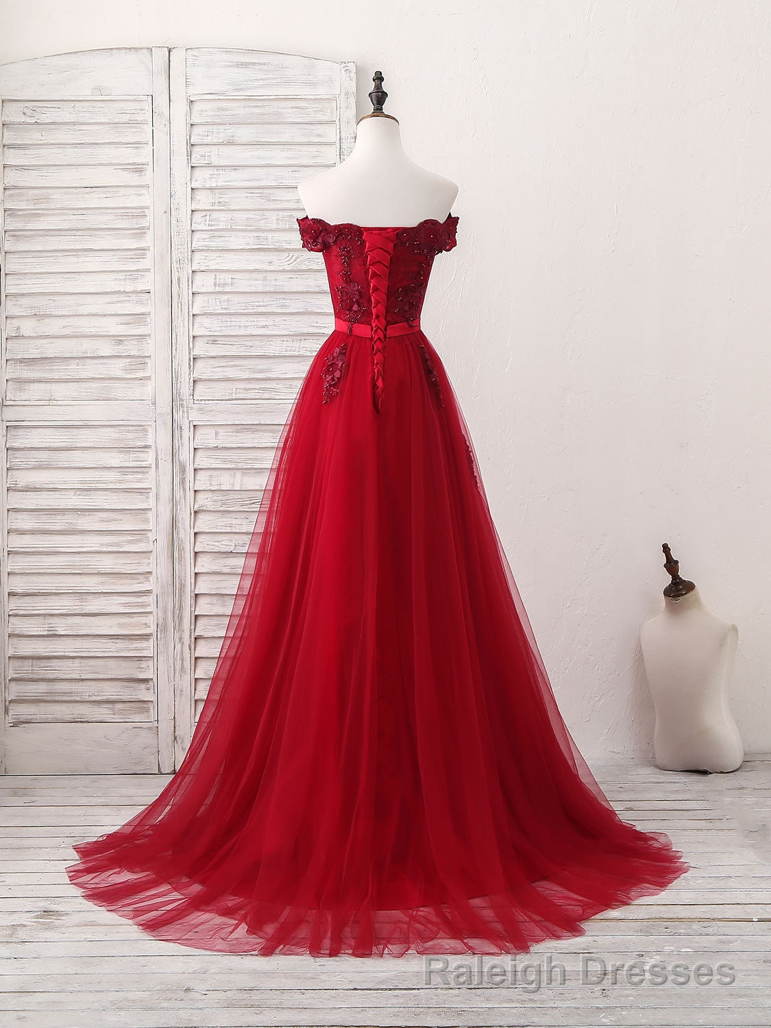 Burgundy Off Shoulder Tulle Lace Applique Long Prom Dress, Prom Dress