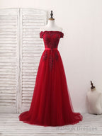 Burgundy Off Shoulder Tulle Lace Applique Long Prom Dress, Evening Dress