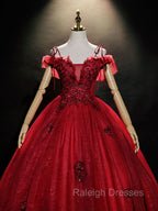 Burgundy Off Shoulder Tulle Lace Long Prom Dress, Burgundy Lace Sweet 16 Dress