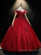 Burgundy Off Shoulder Tulle Lace Long Prom Dress, Burgundy Lace Sweet 16 Dress