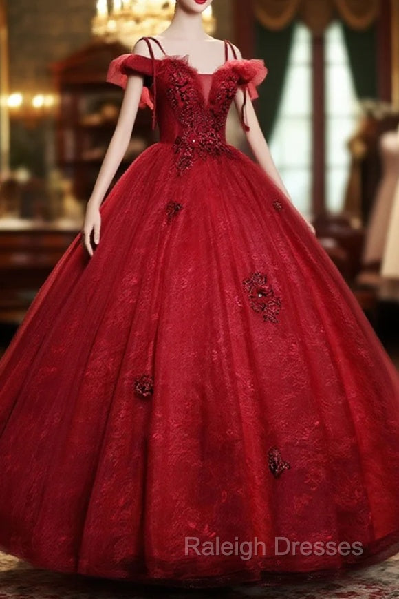 Burgundy Off Shoulder Tulle Lace Long Prom Dress, Burgundy Lace Sweet 16 Dress