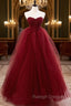 Burgundy Off Shoulder Tulle Lace Long Prom Dresses, Burgundy Formal Graduation Dresses
