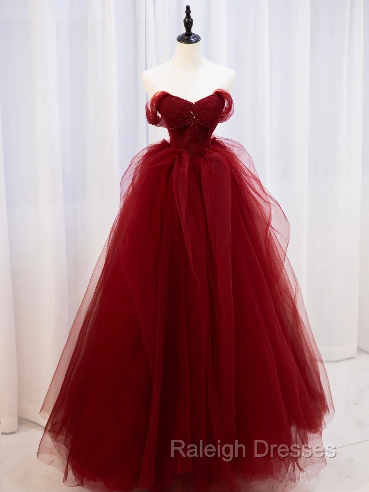 Burgundy Off Shoulder Tulle Lace Long Prom Dresses, Burgundy Formal Graduation Dresses Main image