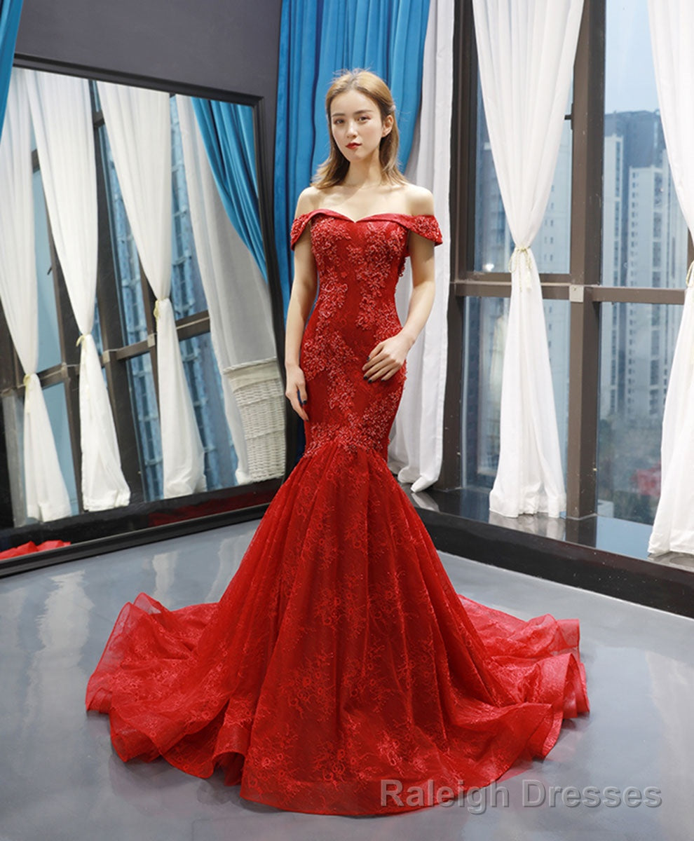 Burgundy Off Shoulder Tulle Lace Mermaid Long Prom Dress, Burgundy Prom Dress Main image