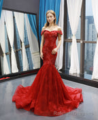 Burgundy Off Shoulder Tulle Lace Mermaid Long Prom Dress, Burgundy Prom Dress