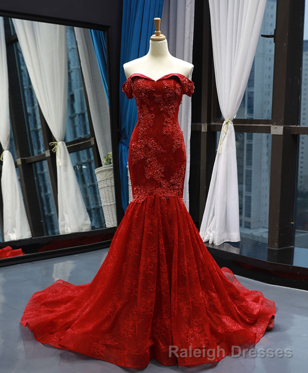 Burgundy Off Shoulder Tulle Lace Mermaid Long Prom Dress, Burgundy Prom Dress
