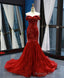Burgundy Off Shoulder Tulle Lace Mermaid Long Prom Dress, Burgundy Prom Dress