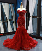 Burgundy Off Shoulder Tulle Lace Mermaid Long Prom Dress, Burgundy Evening Dress