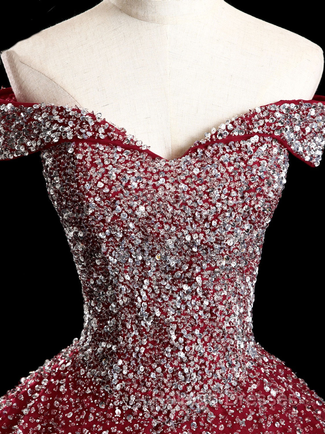 Burgundy Off Shoulder Tulle Sequin Long Prom Dress, Burgundy Sweet 16 Dress Secondary image