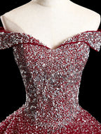 Burgundy Off Shoulder Tulle Sequin Long Prom Dresses Burgundy Sweet 16 Dresses