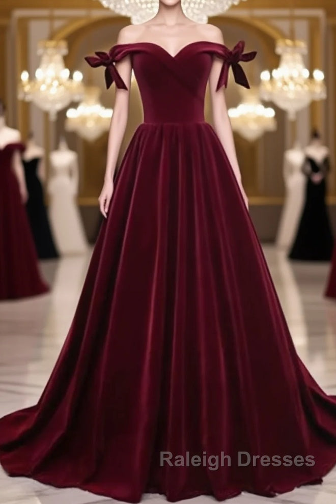 Burgundy Off Shoulder Velvet Long Prom Dress, Off Shoulder Burgundy Graduation Dress, Evening Dress Main image