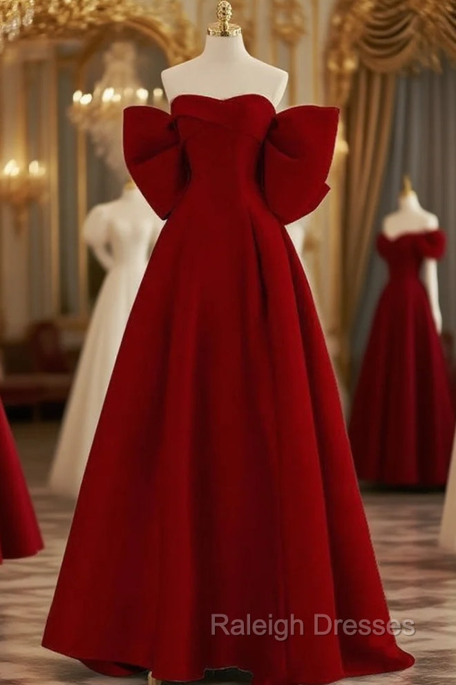 Burgundy Off the Shoulder Bow Prom Dress Main image