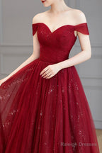 Burgundy Off The Shoulder Long Prom Dress, Elegant Tulle Formal Evening Dress