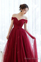 Burgundy Off The Shoulder Long Prom Dress, Elegant Tulle Formal Evening Dress