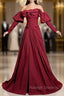 Burgundy off the Shoulder Pleats Prom Dress With Detachable Sleeve