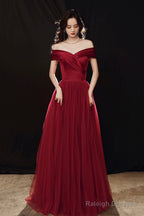 Burgundy Off The Shoulder Tulle Long Prom Dress, A-Line Evening Party Dress