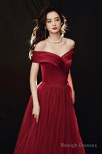 Burgundy Off The Shoulder Tulle Long Prom Dress, A-Line Evening Party Dress