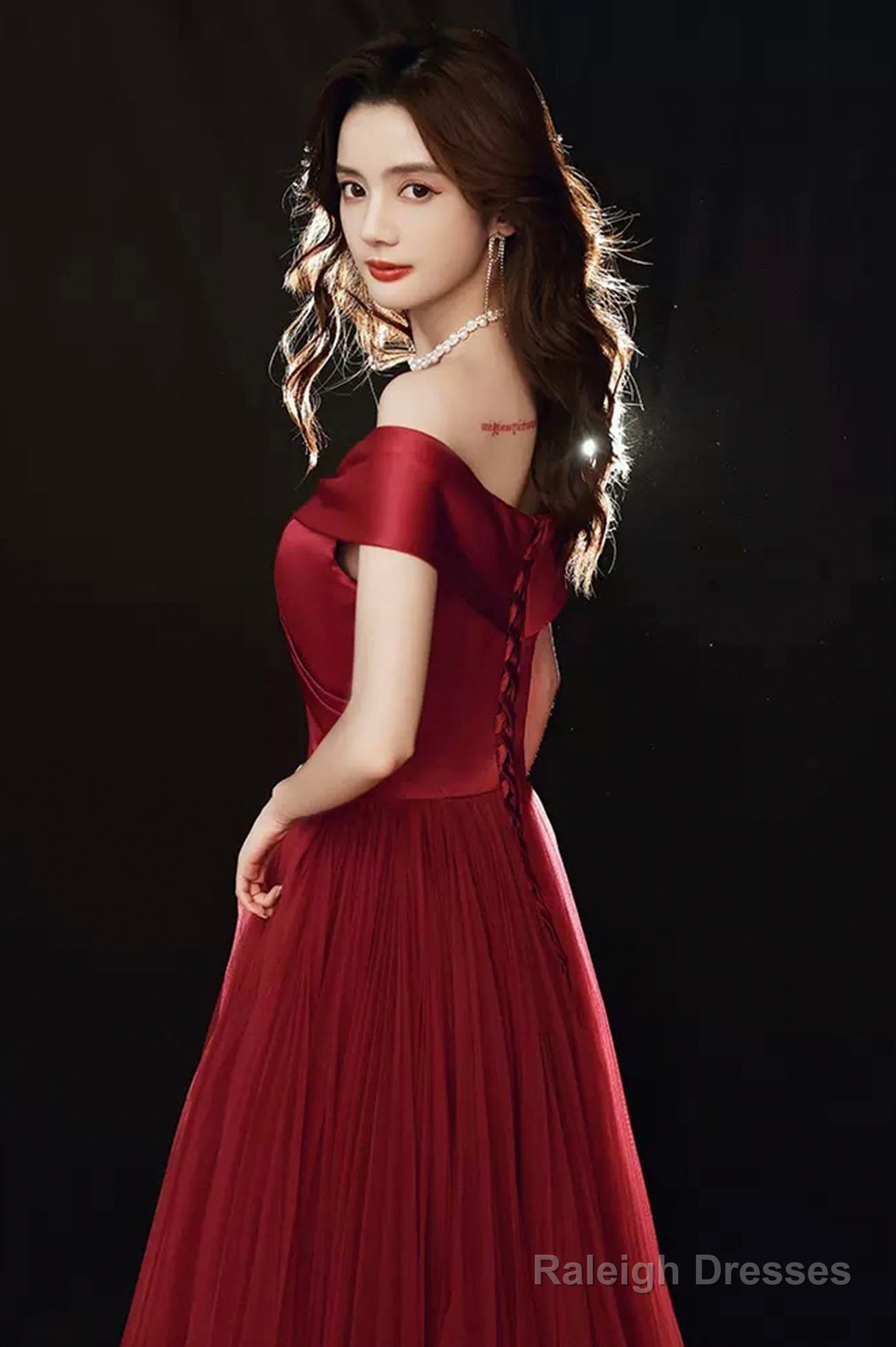 Burgundy Off The Shoulder Tulle Long Prom Dress, A-Line Evening Party Dress